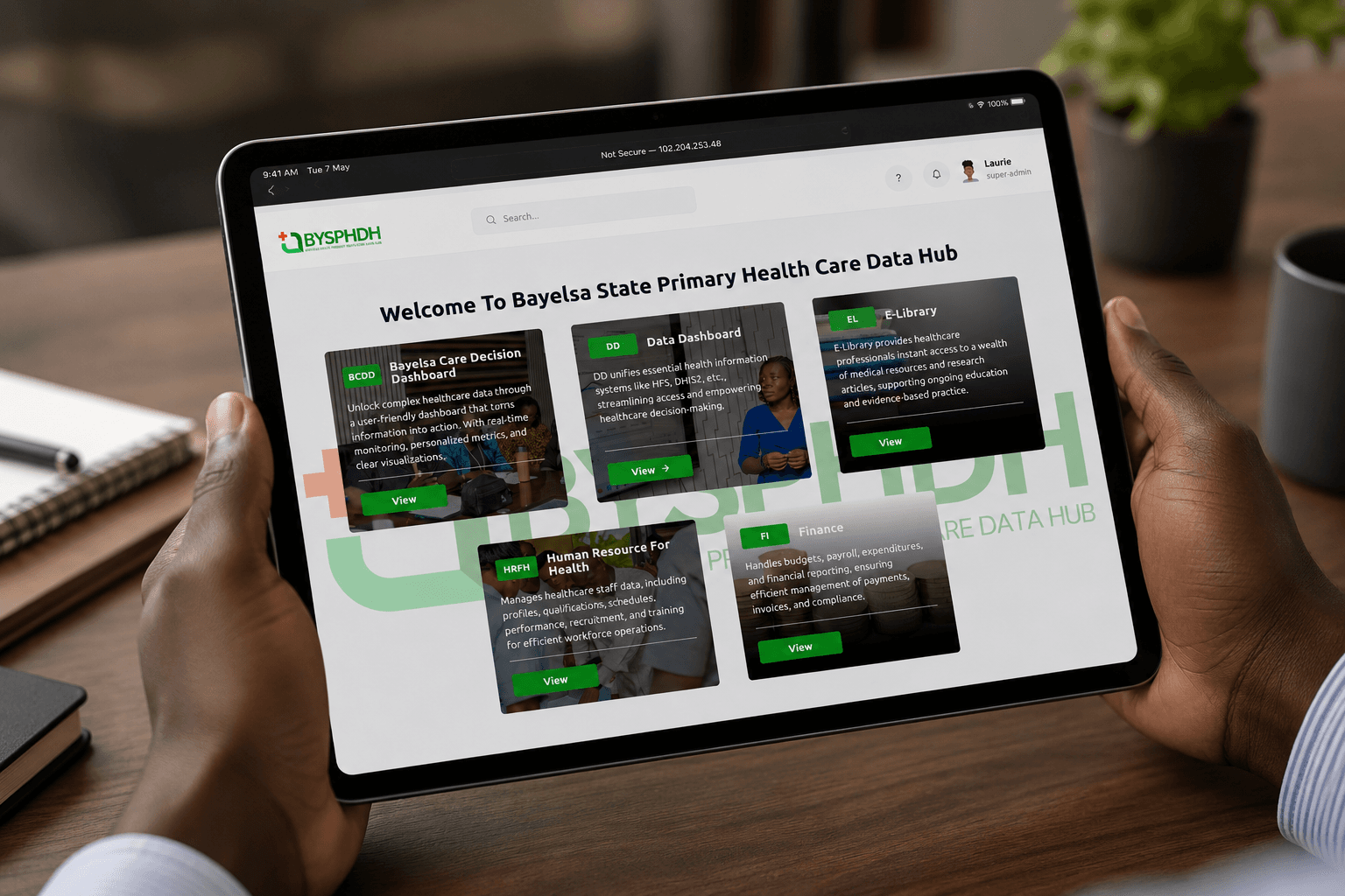 Bayelsa PHC Datahub platform showing integrated data systems and dashboards