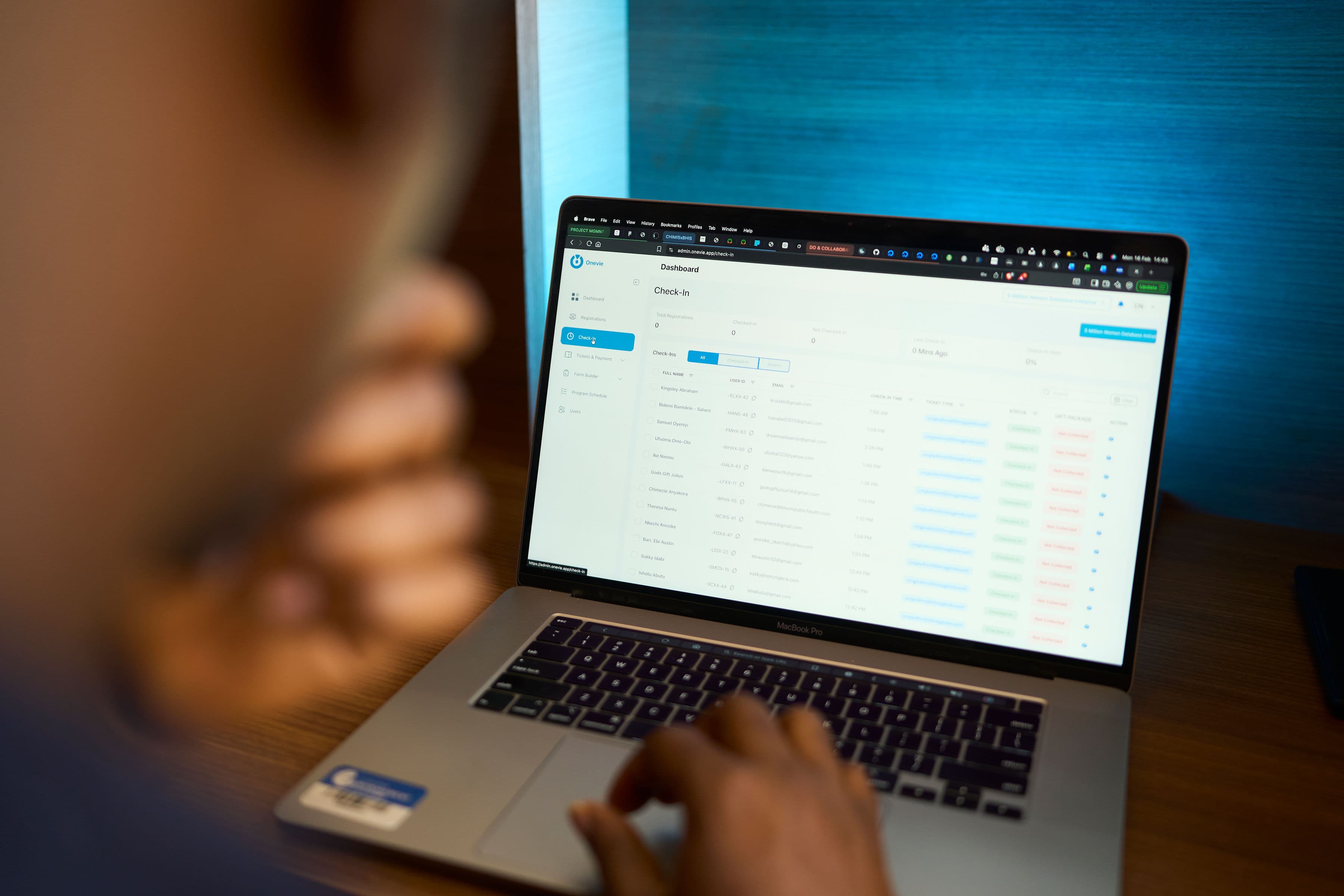 Onevie event management platform interface and on-site check-in